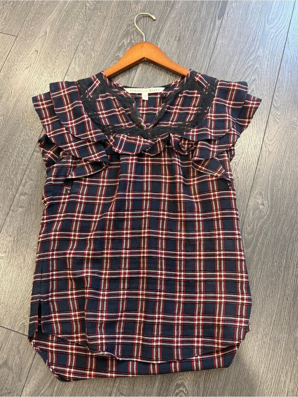 Veronica Beard Plaid Ruffle Sleeveless Top - Black/Red